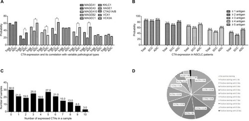 Figure 2 Expression of CTAs in NSCLC.Notes: (A) CTA expression analysis in NSCLC. *P<0.05. (B) At least 1–5 CTA positive expression in NSCLC. (C and D) CTA co-expression and proportion for all cases. Co-expression of the number of CTAs expressed in a NSCLC tumor sample is shown on the x-axis and the number of tumor samples is shown on the y-axis.Abbreviations: CTAs, cancer/testis antigens; NSCLC, non-small cell lung cancer; ADC, adenocarcinoma; SCC, squamous cell carcinoma.