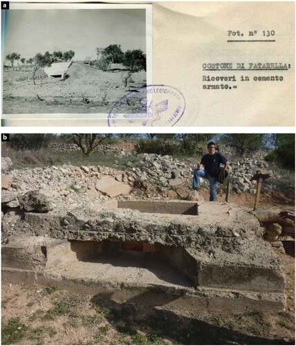 Figure 12. (a) Position with a single frontal embrasure that corresponds, probably, to Pillbox number 5 (Uficcio Storico dell’Aeronautica Militare—ADAR). (b) Pillbox number 5. Pillbox embrasure (Photo Didpatri—UB).