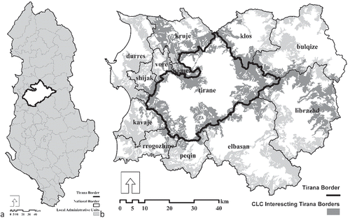 Figure 5. Location of Tirana municipality (a) and the shared municipal borders overlapping with CLC patches (b).
