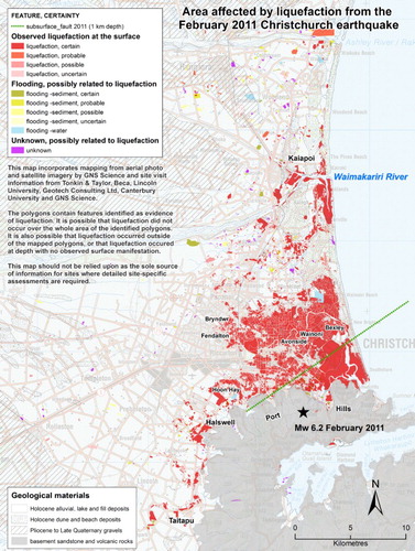 Figure 11. Total mapped area affected by liquefaction from the February 2011 Christchurch earthquake. Comparison with Figure 9 shows much more liquefaction in Christchurch City area and eastern suburbs, reflecting the closer epicentre and therefore locally higher shaking intensities for this event. Some areas were affected by both events. Green dotted line shows projection of dipping subsurface fault plane at c. 1 km depth. Epicentre location (black star) is from GeoNet. Background map is LINZ Topo250. Surface geological data from Forsyth et al. (Citation2008) and Heron (Citation2014). This figure includes data extracted from the Canterbury Geotechnical Database (https://canterburygeotechnicaldatabase.projectorbit.com/), which were prepared and/or compiled for the Earthquake Commission (EQC) to assist in assessing insurance claims made under the Earthquake Commission Act 1993 and/or for the Canterbury Earthquake Recovery Authority (CERA). The source maps and data were not intended for any other purpose. EQC, CERA, their data suppliers and their engineers, Tonkin & Taylor, have no liability for any use of the maps and data or for the consequences of any person relying on them in any way.