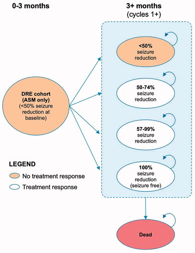 Figure 2. Model structure – treatment with ASM alone. ASM: anti-seizure medication; DRE: drug-resistant epilepsy; VNS: vagus nerve stimulation.