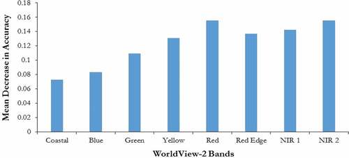 Figure 6. Importance of WV-2 multispectral bands in RF classification by means of Mean Decrease Accuracy (MDA) values