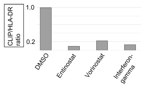 Figure 3. CLIP/HLA-DR ratios following HDACI treatments of CIITA-transformed, 1286 melanoma cells. The CIITA-transformed, 1286 melanoma cells have been described previously as referenced in the text; the HDACI and IFN-γ treatments and CLIP/HLA-DR ratio calculations were as in Figure 1.