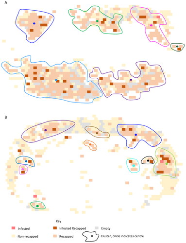 Figure 2. Cell map showing DBSCAN predicted clusters on two frames both with around 5% infestation level but with a A) high (63%) and B) lower (29%) level of recapping.