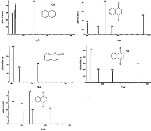 Figure S11. Mass spectra of subproducts resulting from photocatalytic degradation of naphthalene in surface water samples.