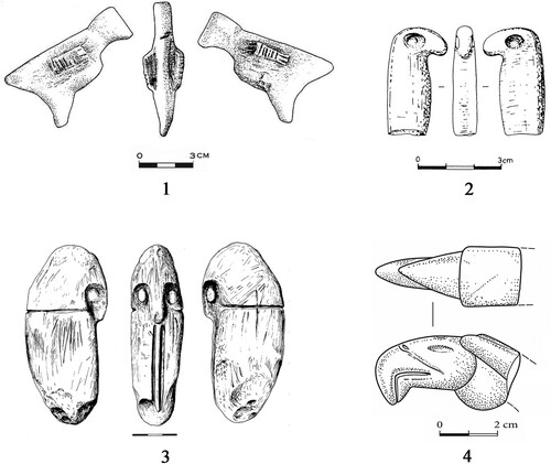 Figure 2 Bird figurines from Gilgal (Hershman and Belfer-Cohen Citation2010: fig. 11.7:1), Jerf el Ahmar (Stordeur and Abbès Citation2002: fig. 17:2), Mureybet (Stordeur and Lebreton Citation2008: fig. 1), and Göbekli Tepe (Schmidt Citation2011: fig. 16).