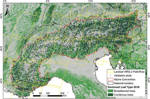 Figure 1. Geographic location of the study area and validation plots with information from the Dominant Leaf Type 2018 forest cover layer (European Environmental Agency Citation2020) and Landsat Path/Row coverage (World Reference System 2). The base layer corresponds to the hill shade derived from the 25 m EU-DEM digital surface model.