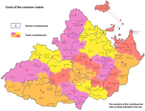 Figure 2. German and Czech constituencies of the curia of common voters for the Moravian provincial elections