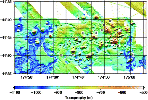 Figure 4  Shaded relief and bathymetric chart of the volcanic field near Urry Knolls. Cross-sections along the profiles A–A′ and B–B′ are shown in Fig. 7. Specific bathymetric features discussed in the text are labelled with lower case letters.