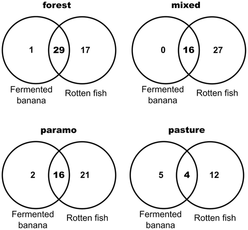 Figure 3. Venn diagrams, showing the exclusive and shared species registered in each bait in the different habitats