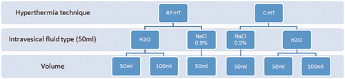 Figure 2. Flow diagram of experimental groups. C-HT: conductive hyperthermia; H2O: sterile water; NaCl: sodium chloride (i.e., saline); RF-HT: radiofrequency induced hyperthermia.