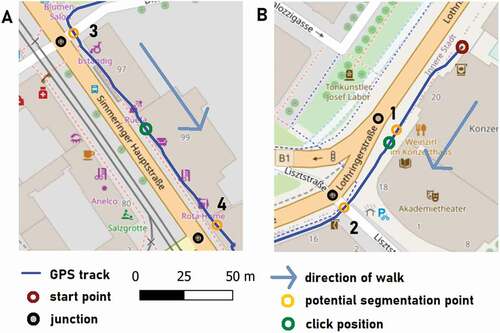 Figure 4. Segmentation process. Two possible situations: A (default case): The segment starts at the last turning point denoted as 3. The first intersection after the click position is denoted as 4 and the segment ends at this intersection. B: A route segment covering the distance from the starting point to intersection 2. It is reasonable to assume that the participant has not perceived intersection 1 as a decision point because the instruction is requested after it had been passed background image: Story Citation2013].