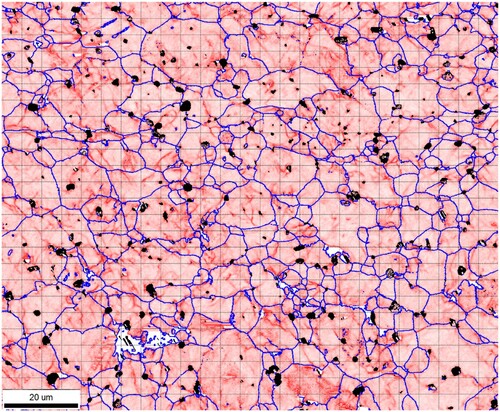 Figure 2. Microstructure image showing the KAM at strain level 13.9% (overlapped grid of 25×25).