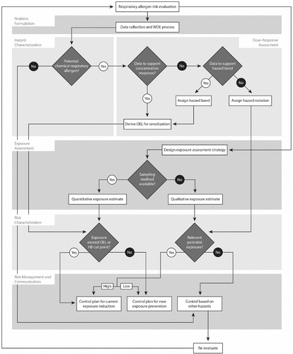 Figure 2 Consideration in assessing the health risks of potential chemical allergens. HB = hazard band; OEL = occupational exposure limit; WOE = weight of evidence.Theflowchart illustrates key consideration during the risk assessment of potential chemical allergens. On the basis of the risk assessment paradigm, the outlined process relies on a weight of evidence approach to critically evaluate available data. Included within the flowchart are options within each of the primary steps: hazard characterization, dose-response analysis, exposure assessment, risk characterization, and risk management and communication. These options allow for the evaluation of data, determining appropriate level of recommendation developed (i.e., hazard notation vs. occupational exposure limit), type of exposure assessment, and control technique.