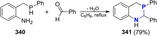 Scheme 199. Cyclocondensation of 2-((phenylphosphino)methyl)aniline with benzaldehyde.[Citation682]