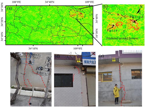 Figure 11. (a) Overview of subsidence gradient, (b) detailed view of the subsidence gradient in subsidence centers. (c)–(e) On-site investigation of predicted ground fissure areas.