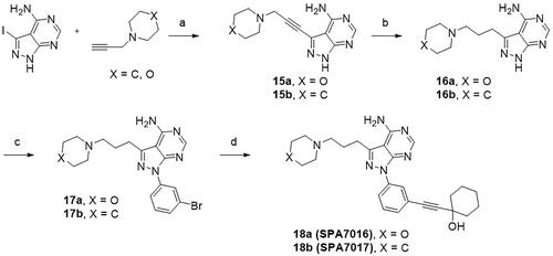 Scheme 3. Synthesis of the 4-aminopyrazolo[3,4-d]pyrimidine derivatives with a solvent-accessible moiety. Reagents and conditions: (a) CuI, Pd(PPh3)4, TEA, DMF, 70 °C; (b) Pd/C, H2, MeOH, room temperature; (c) 1-bromo-3-iodobenzene, CuI, K2CO3, DMEDA, DMF, 110 °C; and (d) 1-Ethynylcyclohexanol, Pd(PPh3)2Cl2, TEA/DMSO (2:1), 70 °C.