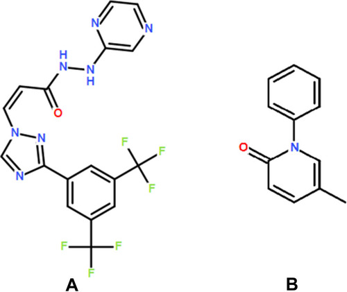 Figure 1 The chemical structure of selinexor (A) and pirfenidone (IS, (B)).