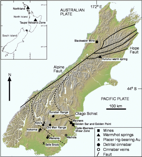 Fig. 1  South Island of New Zealand, showing locations and types of Hg-bearing mineralised systems, including the sites examined in this study (Golden Bar, Golden Point, Macraes, and Blackwater mines; Nevis River, and the Hurunui warm springs). Inset: locations of North Island Hg-bearing epithermal systems (Northland, Taupo Volcanic Zone).