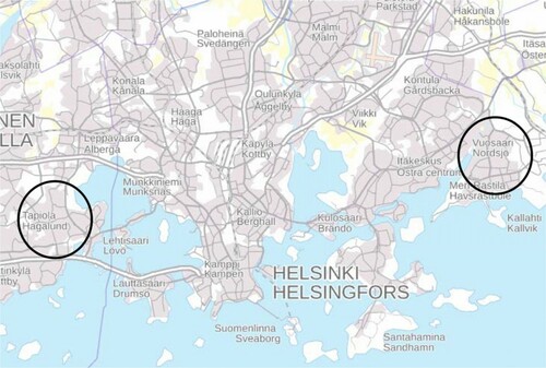 Figure 1. The location of case study areas Tapiola (left) and Vuosaari (right). Source: National Land Survey of Finland.