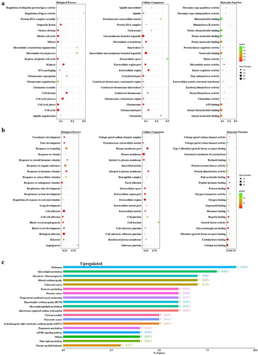 Figure 2. Up- (a) and down-regulated (b) differentially expressed genes categorized by biological process, molecular function, and cellular component in breast cancer patients comparing to healthy controls. (c) Classification of the differentially expressed genes with decreased expression in BC was categorized by KEGG database