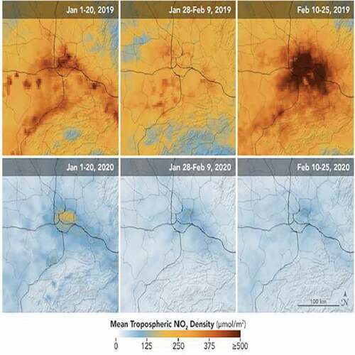 Figure 2. NASA image on NO2 emissions in Wuhan [Citation111,Citation114]