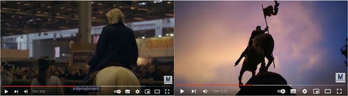 Figure 1 . Stills from the campaign video featuring Marine Le Pen on horseback. Screenshots taken from the 2017 campaign video for Marine Le Pen on YouTube. The image on the left shows Le Pen on horseback (01:02), immediately followed by the statue of Jeanne d'Arc in Paris (image on the right, 01:04). Source: https://www.youtube.com/watch?v=FYWnuQc5mYA.
