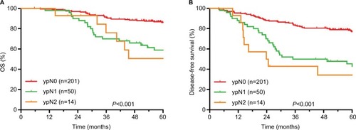 Figure 2 Results of follow-up evaluations among different ypN subgroups.Notes: (A) OS. (B) DFS.Abbreviations: OS, overall survival; DFS, disease-free survival; ypN, postsurgical pathological N category.
