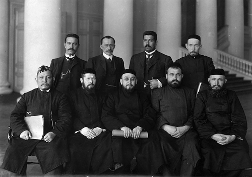 Figure 1. Members of the Muslim Faction of the Second Duma, Saint Petersburg, 1907. Left to right, seating: Sh. Koshchegulov, M. Khasanov, Kh. Usmanov, Kh. Atlasov, G. Musin; standing: M. Makhmudov, K. Tevkelev, Z. Zeinalov, G. Badamshin.