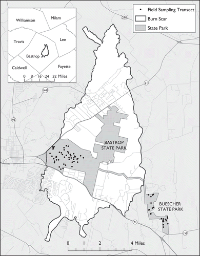 Figure 1. Map of the study area with the burn scar and field sampling locations.