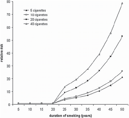 Figure 1. Relative risk of lung cancer in male population in relation to duration and daily number of smoked cigarettes, model-based values on European study [Citation19].