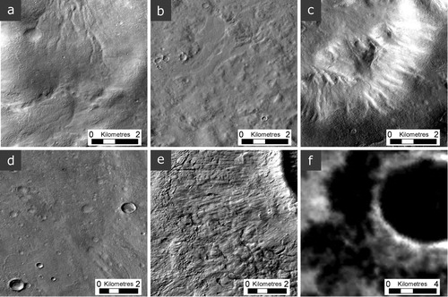 Figure 3. Terrain units located on and outside the rim of Greg crater: (a) pre-existing bedrock, (b) plains material, (c) Greg crater bedrock, (d) Greg crater ejecta, and (e and f) superposed crater ejecta. All panels are CTX images except (f), which is a night-time infrared THEMIS image. This figure, and all subsequent figures, are orientated northwards and have had their contrast stretched to help distinguish features.