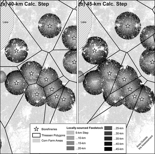 Figure 3. Example of Thiessen polygons and farm areas within 5-km supply rings at the 40-km calculation step (a) and the 45-km calculation step (b).