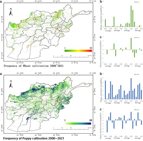 Figure 4. The planting conditions of Afghanistan 2000–2021. (a) Shows the frequency of main crop cultivating, which is defined by the number of years a pixel of map used as cropland. (b) The overall cultivation area of wheat and poppy in Afghanistan 2000–2021. (c) Annual cultivation area change compared to the previous year.