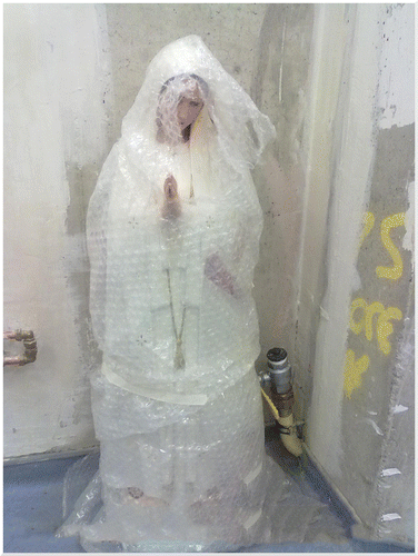 Figure 4. The Reuben Street/Fatima Mansions statue in storage before re‐positioning.