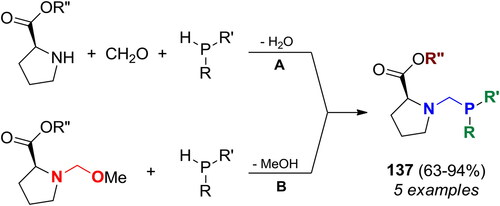 Scheme 91. Phospha-Mannich reactions of secondary phosphines with L-proline and its derivatives. Products, yields, and related references, are listed in Table S22.