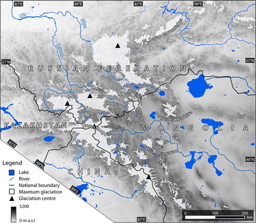 Figure 7. Minimum extent of maximum glaciation and inferred glaciation centres in the Altai and Western Sayan Mountains.