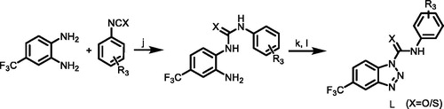 Scheme 4. (j) DCM, TEA, 1–5 °C; (k) HCl, H2O, CH3COOH, 1–5 °C; (l) NaNO2/H2O, 1–5 °C. R3 = 4-(trifluoromethyl)phenyl)/(3-chloro-4-methylphenyl).