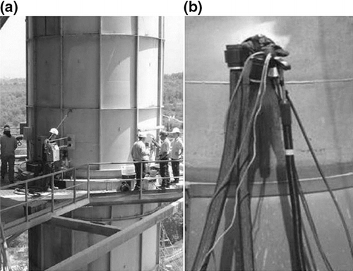 Figure 1. (a) View of the chimney where the intercomparison exercise was conducted. (b) Detail of one of the outlets where data were collected.