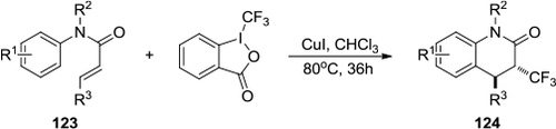 Figure 45 Aryltrifluoromethylation of N-phenylcinnamamides by using Togni’s reagent and copper catalyst.
