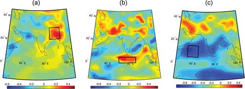 Figure 5. Differences in mean anomalies during dry (SPAI-3 < −0.8) and wet events (SPAI-3 > 0.8) at 3-month temporal scale for (a) AT (b) WS and (c) TPW. Possible representative zones are shown in rectangles.