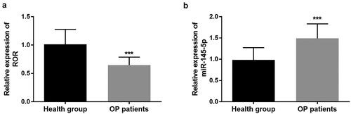 Figure 1. (a) lncRNA ROR levels in the serum of OP patients and healthy controls using qRT-PCR. (b) Levels of miR-145-5p in the serum of OP patients in comparison with the control group. *** P < 0.001. Differences between groups were compared using student’s t test