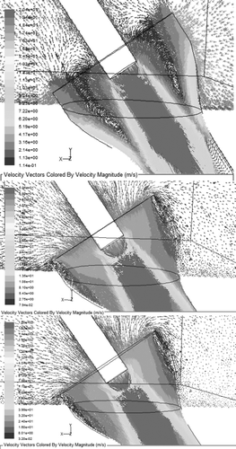 Figure 5. Velocity vectors obtained from the CFD analysis at air injection velocities of 20 (top), 50 (middle), and 100 (bottom) m/sec, respectively.