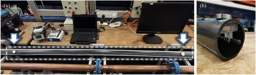 Figure 1 (a) The white dashed frame encloses part of the DN80 HDPE pipe used in the experiment. (b) A bespoke 3D printed magnetic base is used to mount the transducer inside the pipe at approximately the pipe centre