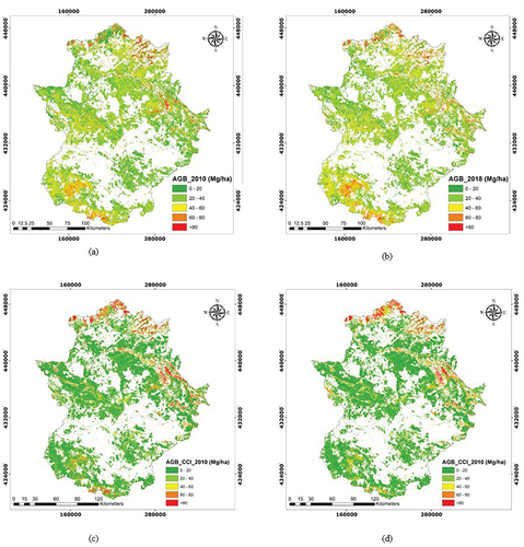 Figure 2. AGB-ALS maps (year 2010 (a) and 2018 (b) developed under model-based inference using area-based approach (ABA) for each forest stratum. CCI biomass map 2010 (c) and 2018(d) version 3.