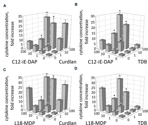 Figure 3 Combined stimulation of CLR and NOD receptors leads to enhanced IL-8 production in THP-1 cells. THP-1 cells were stimulated with (A) Curdlan plus C12-iE-DAP, (B) TDB plus C12-iE-DAP, (C) Curdlan plus L18-MDP, (D) TDB plus L18-MDP at the indicated concentrations for 24 h. Concentrations of IL-8 in the culture cell-free supernatants were measured using singleplex bead-based Bio-Plex Pro kit. Results are representative of two separate experiments, each performed in triplicate. Mean ± SD is shown for triplicate samples. *Indicates potentiated (greater than the sum of the fold induction observed after stimulation of single PRR at the same doses of agonists) IL-8 production in group treated with combination of CLR and NOD agonists.