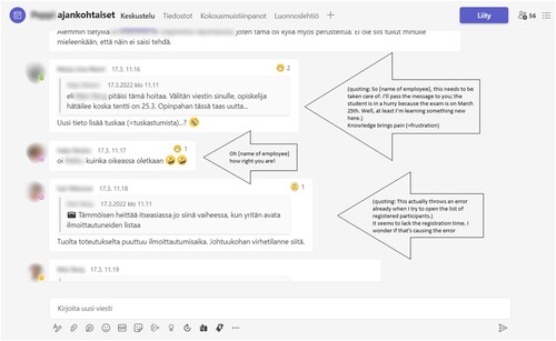 Picture 1. A screen capture from Teams chat discussion. The capture includes work-related discussion enriched with relational communication including emojis and reactions (translations from Finnish added next to the message).