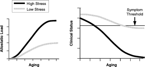 Figure 10 Predicted effects of stress and aging on allostatic load and clinical status, based on a kinetic model.