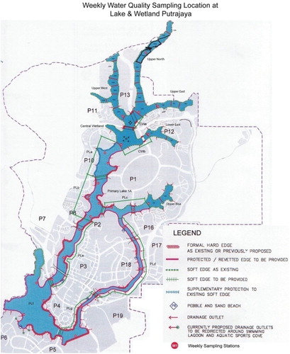 Figure 1. Map of Putrajaya Lake and Wetlands, showing water quality sampling stations (Malek et al. Citation2009).