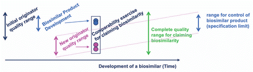 Figure 4 Biosimilarity goal posts. The “goal posts” of biosimilarity are established by the biosimilar sponsor by their analysis of the distribution of product attributes present in the reference product pre- and post-manufacturing change. They then use these to select the design space for their biosimilar candidate. While the complete quality range may be quite broad for the life time of the reference product, the biosimilar sponsor will select a tighter range of control for their biosimilar product.